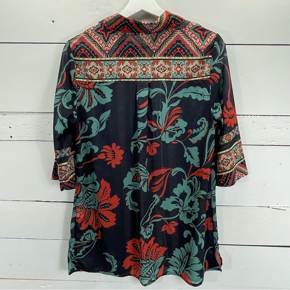 Soft Surroundings Black Shear Tribal Print Button Up Tunic Top Size PS - Picture 2 of 4